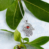 Hamsa Hand Necklace in Silver and Amber