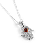 Miniature Hamsa Hand Necklace in Silver and Amber