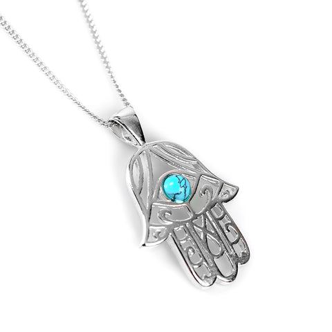 Hamsa Hand Necklace in Silver and Turquoise