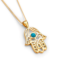 Hamsa Hand Necklace in Silver with 24ct Gold & Turquoise