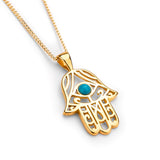 Hamsa Hand Necklace in Silver with 24ct Gold & Turquoise