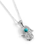 Miniature Hamsa Hand Necklace in Silver with 24ct Gold & Turquoise