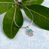 Miniature Hamsa Hand Necklace in Silver and Turquoise