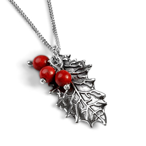 Small Holly Leaf with Berries Necklace in Silver