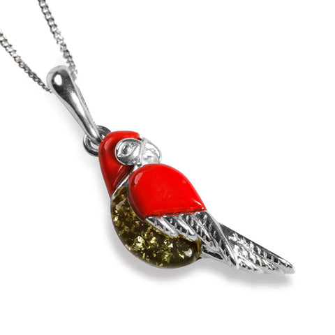 Parrot Necklace in Silver, Coral and Green Amber