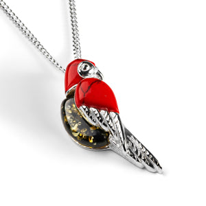 Tropical Macaw Parrot Necklace in Silver, Coral and Green Amber