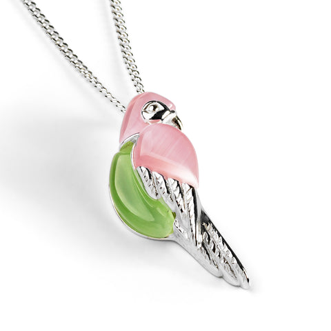 Tropical Pink and Green Parrot Necklace in Silver