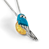 Tropical Macaw Parrot Necklace in Silver, Turquoise and Yellow Amber
