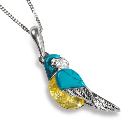 Parrot Necklace in Silver, Turquoise and Yellow Amber