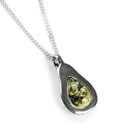 Avocado Necklace in Silver and Green Amber