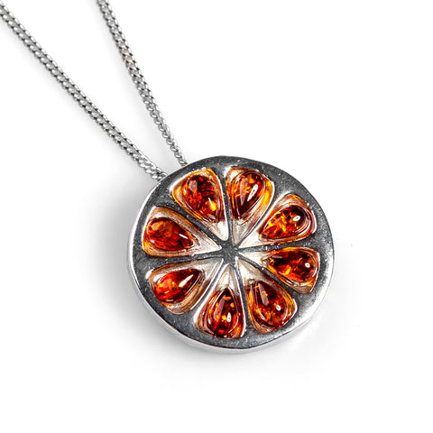 Orange Slice Fruit Necklace in Silver and Cognac Amber