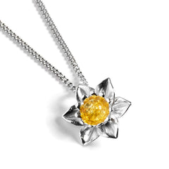 Daffodil Flower Necklace in Silver and Yellow Amber