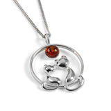 Cuddling Cats Necklace in Silver and Amber