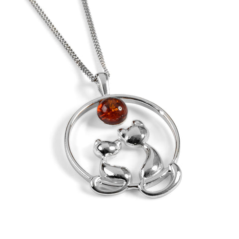 Cuddling Cats Necklace in Silver and Amber