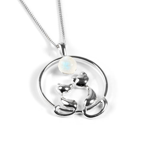 Cuddling Cats Necklace in Silver and Moonstone