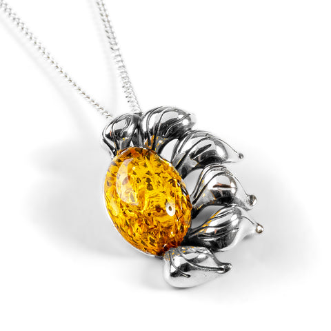 Ready to Bloom Sunflower Necklace in Silver and Yellow Amber