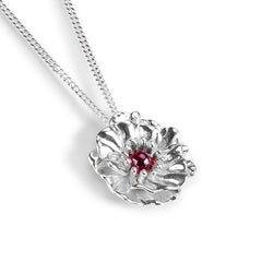 Poppy Flower Necklace in Silver and Garnet