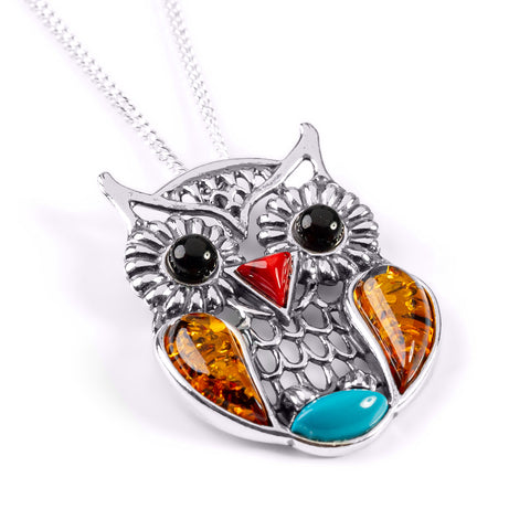 Feathered Owl Necklace in Silver, Turquoise and Amber