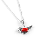 Cute Bird Necklace in Silver and Coral