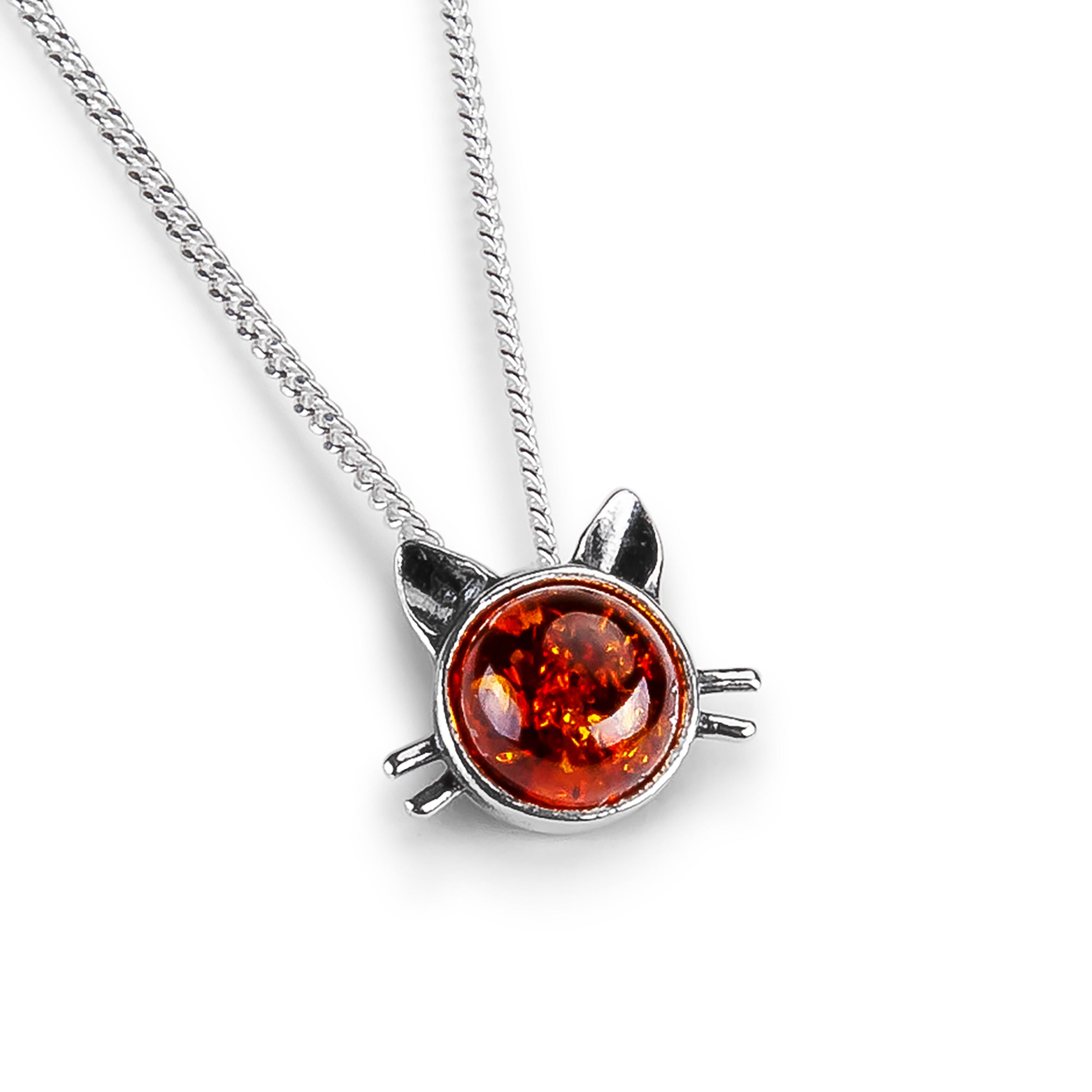 Cute Cat Face Necklace in Silver and Cherry Amber