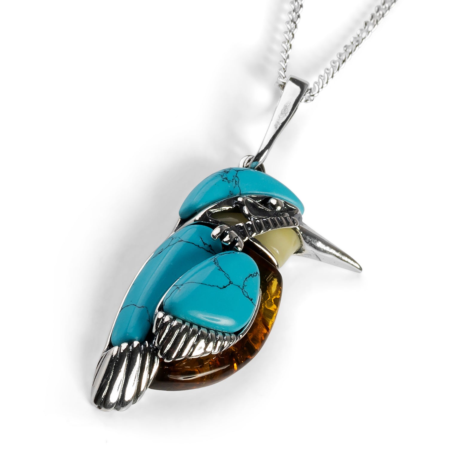 Large Kingfisher Bird Necklace Silver Amber