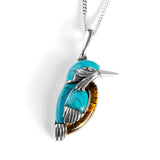Small Kingfisher Bird Necklace in Silver, Turquoise and Amber