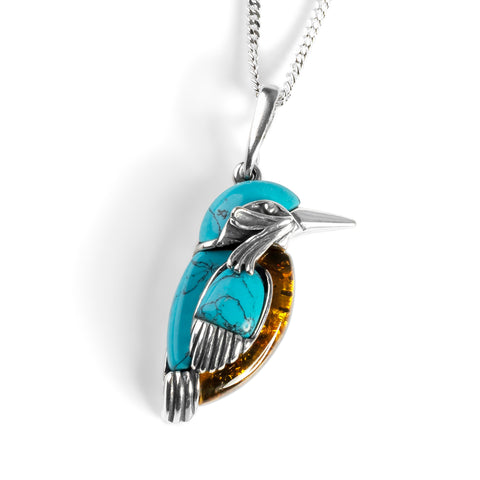 Small Kingfisher Bird Necklace in Silver, Turquoise and Amber