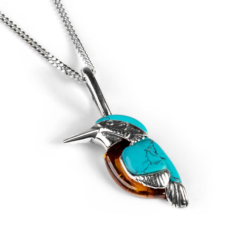 Miniature Kingfisher Bird Necklace in Silver, Turquoise and Amber