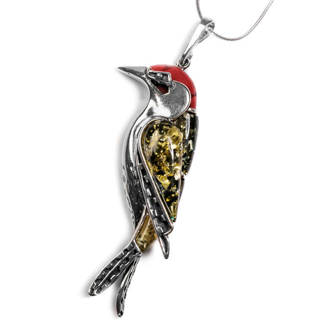Large Woodpecker Bird Necklace in Silver, Coral and Amber