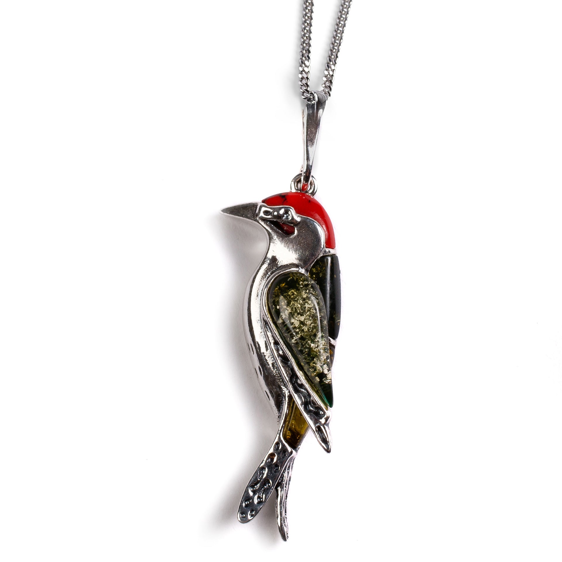 Small Woodpecker Bird Necklace Silver Amber