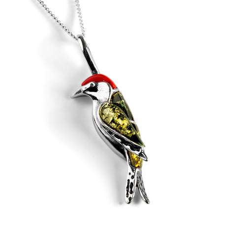 Miniature Green Woodpecker Bird Necklace in Silver, Coral and Amber