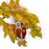 Barn Owl Bird Necklace in Silver and Cognac Amber