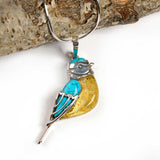 Blue Tit Bird Necklace in Silver, Turquoise and Amber