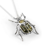 Noble Chafer Beetle Necklace in Silver and Green Amber