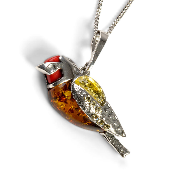 Goldfinch Bird Necklace in Silver, Coral and Amber
