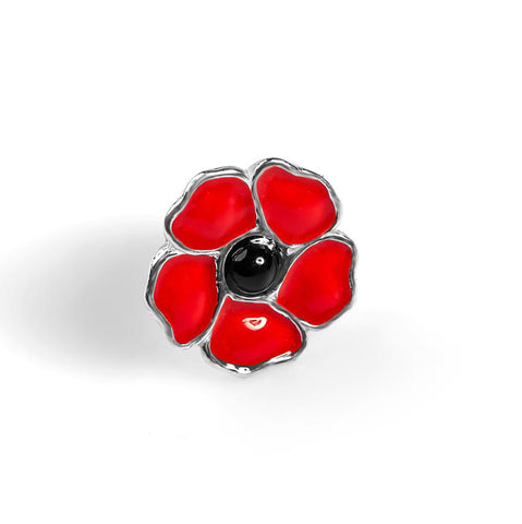 Hand-Painted Poppy Flower Pin in Silver and Amber