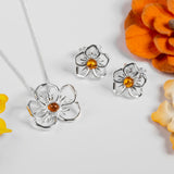 Pansy Flower Necklace in Silver and Cognac Amber