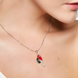 Parrot Necklace in Silver, Coral and Green Amber