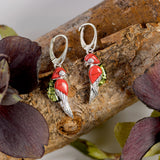 Tropical Parrot Earrings in Silver, Coral and Green Amber