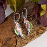 Tropical Pink and Green Parrot Earrings in Silver