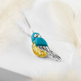 Tropical Macaw Parrot Necklace in Silver, Turquoise and Yellow Amber