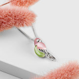 Tropical Pink and Green Parrot Necklace in Silver