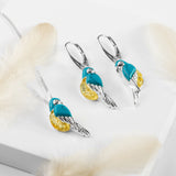 Tropical Parrot Earrings in Silver, Yellow Amber and Turquoise