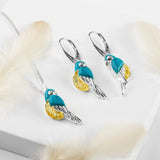 Tropical Parrot Earrings in Silver, Yellow Amber and Turquoise
