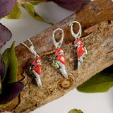 Tropical Parrot Earrings in Silver, Coral and Green Amber