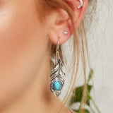 Peacock Feather Hook Earrings in Silver and Turquoise