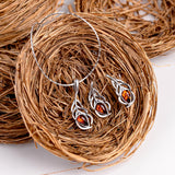 Miniature Peacock Feather Stud Earrings in Silver and Amber