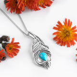 Peacock Feather Necklace in Silver and Turquoise