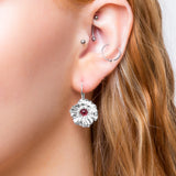 Poppy Flower Drop Earrings in Silver and Garnet
