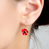 Red Poppy Flower Hook Earrings in Silver and Amber